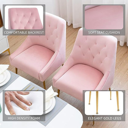 Modern Dining Chairs Set of 4, Mid Century Dining Chairs with 5.12” Cushions and Golden Legs, Velvet Upholstered with Back Pull Rod, for Kitchen, Living Room, Pink