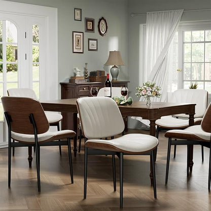 Dining Chairs Set of 2, Dining Room and Kitchen Chairs, Mid Century Modern Accent Chair, Upholstered PU Leather Chairs for Vanity with Walnut Bentwood and Metal Legs, Beige