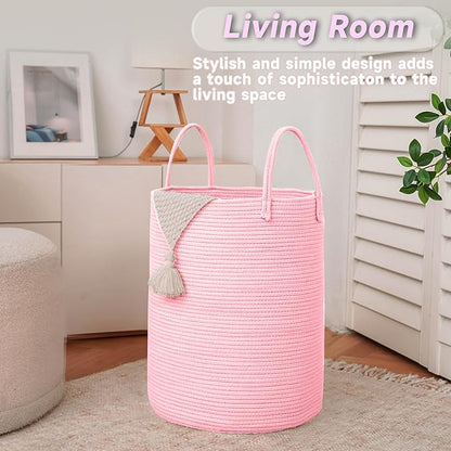 Large Woven Laundry Basket Hamper,80L Cotton Rope Storage Bin for Blankets,Toys and Clothes,Decorative Tall Nursery Hamper for Living Room,Baby Nursery,Bathroom and Bedroom,Pink