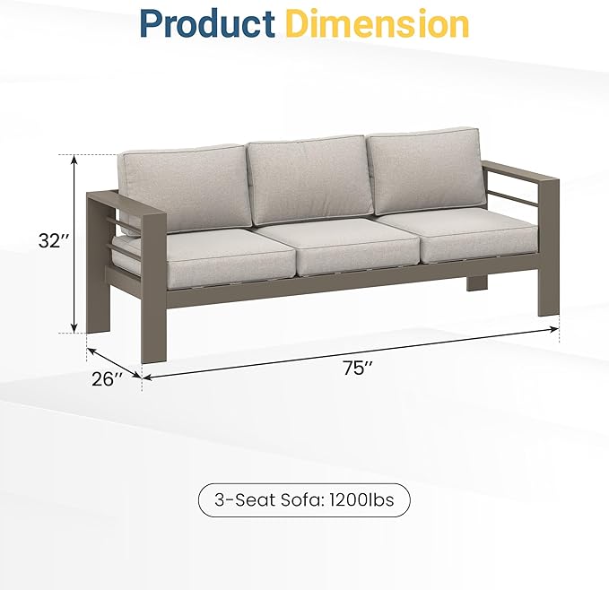 Wisteria Lane Patio Furniture Metal Sofa, Metal Outdoor Chairs with Upgraded Cushions, All-Weather Outdoor 3 Seats Sofa Couch for Balcony, Garden, Deck, Backyard, Khaki