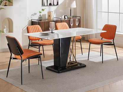 Dining Chairs Set of 2, Mid Century Modern Dining Room Chairs, Upholstered PU Leather Vertical Stripe Kitchen Chair with Walnut Bentwood and Metal Legs, Orange