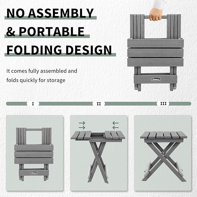 FUNBERRY Outdoor Folding Adirondack Side Table, Portable No Assembly Patio End Table HDPE All Weather