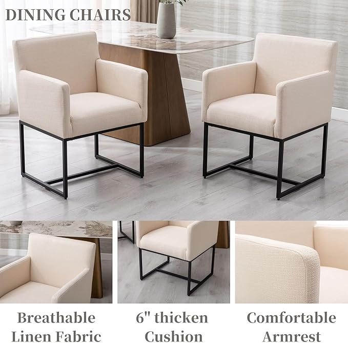 Linen Upholstered Dining Chairs with Arms Set of 2 Mid Century Modern Accent Chairs Armchairs with Black Metal Frame, Modern Kitchen & Dining Room Chairs, Cream