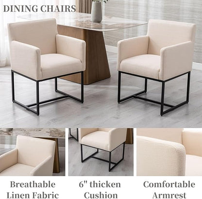 Linen Upholstered Dining Chairs with Arms Set of 2 Mid Century Modern Accent Chairs Armchairs with Black Metal Frame, Modern Kitchen & Dining Room Chairs, Cream