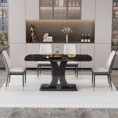 Modern Dining Table Set for 4, Marble Kitchen Table Chair Set for 4, Rectangular Kitchen Table with PU Leather Upholstered Chair for Dining Room (Off White-C)