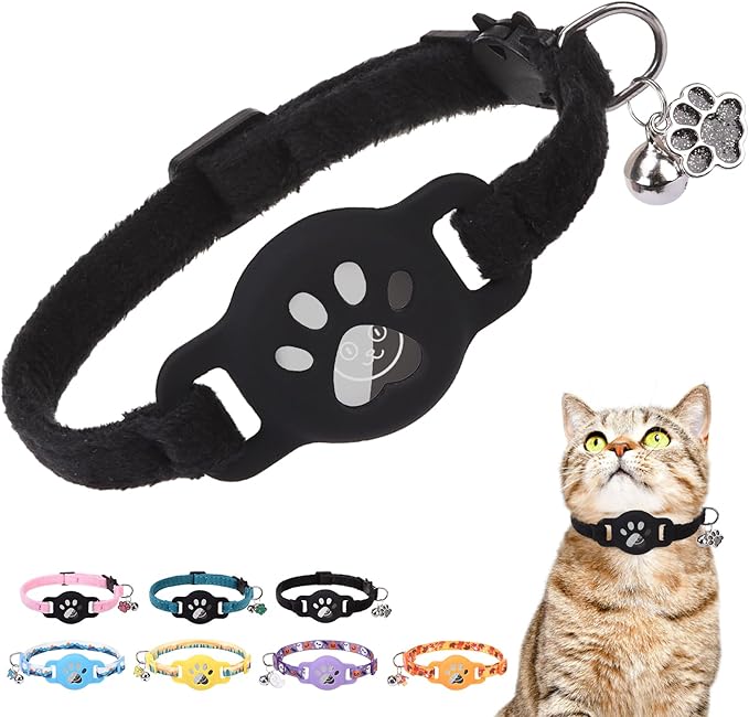 AirTag Cat Collar with Bells, Soft Velvet Cat Collar Breakaway with Airtag Holder, Safety Cat GPS Tracker Collars for Girl Boy Cats, Kittens and Puppies, Adjustable 8"-12"