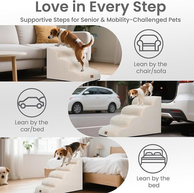 GoGoBunny Ramp Dog Stairs for Couch Sofa and Chair 15.7" H, 3-Step Pet Steps for Small Dogs and Cats, Non-Slip Waterproof Fabric Cover, Stable and Balanced Indoor Step, Pets Friendly, Beige