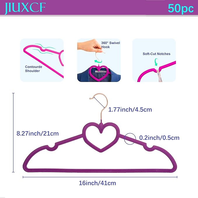 Dark Purple Velvet Hangers 50 Pack, Premium Heart Hanger Non-Slip Felt Hanger, 360° Swivel Rose Gold Hooks, Space Saving Slim Hangar, Durable & Cute Clothes Hanger for Adult