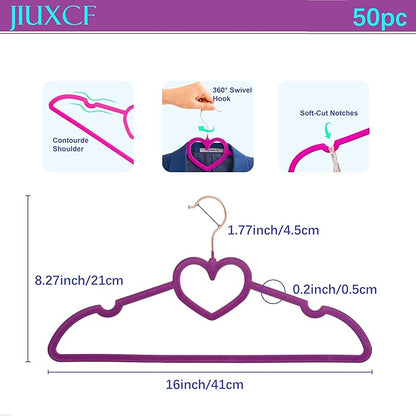 Dark Purple Velvet Hangers 50 Pack, Premium Heart Hanger Non-Slip Felt Hanger, 360° Swivel Rose Gold Hooks, Space Saving Slim Hangar, Durable & Cute Clothes Hanger for Adult