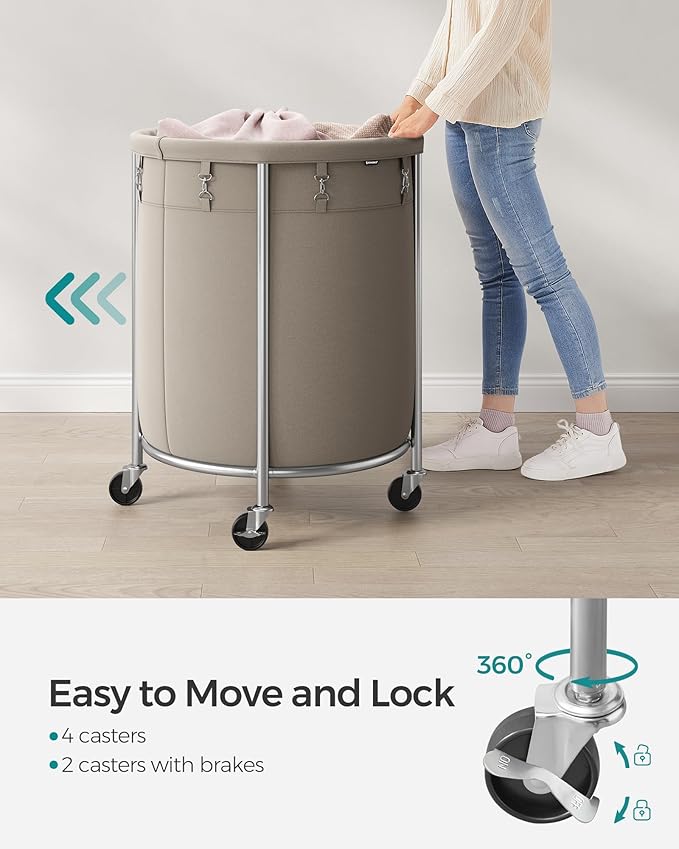 SONGMICS 50.2-Gallon (190 L) Laundry Basket with Wheels, Rolling Round Heavy-Duty Laundry Hamper Cart with Steel Frame and Removable Bag, 2 Locking Wheels, Camel Brown and Metallic Silver URLS001N01