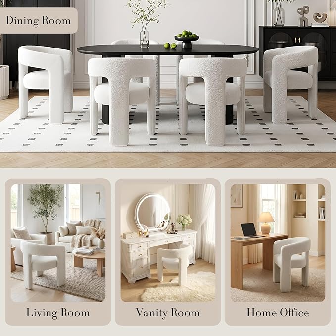 Modern Sherpa Dining Chairs Set of 5, Upholstered Barrel Chairs with Arms Comfy Accent Side Chairs for Living Room/Dining Room/Reception, White
