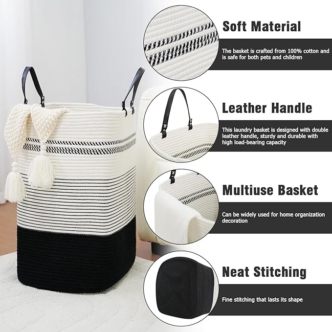 danpinera 75L Woven Laundry Hamper with Long Leather Handles, Baby Laundry Basket for Nursery, Tall Hampers for Bedroom Aesthetic, Decorative Clothes Storage Basket for Family White & Black