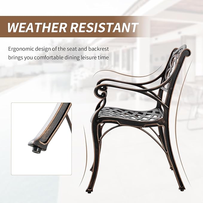 Cast Aluminum Patio Dining Set, Outdoor Bistro Set, 31.5" Round Outdoor Dining Table with Umbrella Hole, 2 Bistro Chairs for Yard Porch Garden Balcony