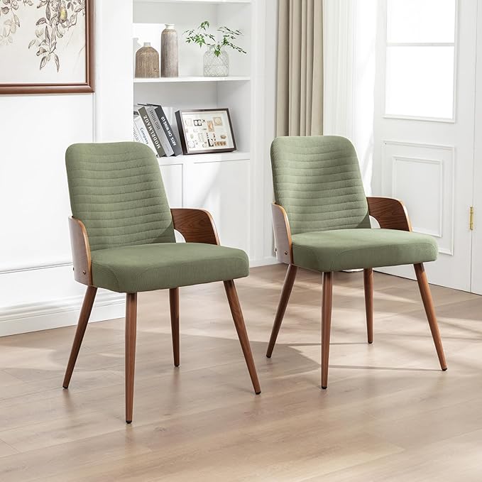 Dining Room Chairs,Mid Century Modern Kitchen Chairs,Green Corduroy Fabric Upholstered Accent Chairs,Metal Legs Wooden Desk Chairs,Armless and No Wheels for Kitchen Dining Room,1PCS