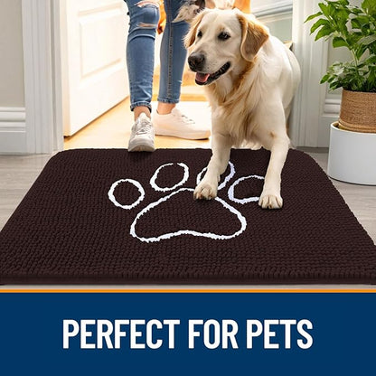 OLANLY Dog Door Mat for Muddy Paws 44x32, Paw Print Design, Absorbs Moisture and Dirt, Absorbent Non-Slip Washable Doormat, Quick Dry Chenille Mud Mat for Dogs, Entry Indoor Entryway Carpet, Brown