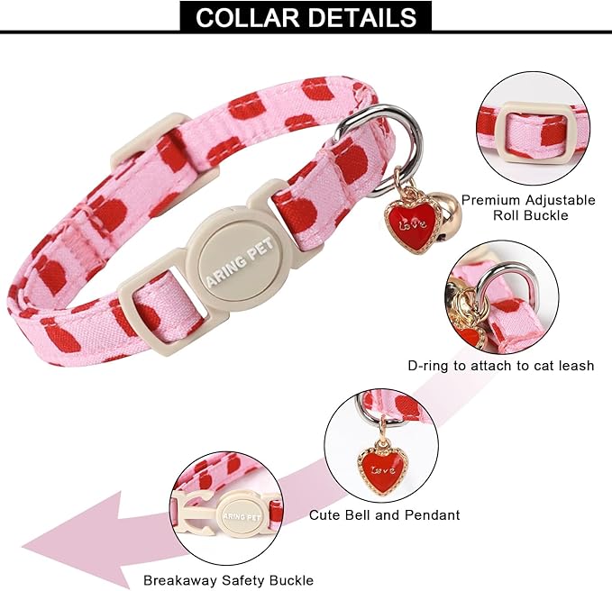 ARING PET 2 Pack Valentine's Day Cat Collars-Cute Heart Cat Collar Breakaway with Bell&Pendant, Adjustable Valentine Kitten Collars with Safety Buckle for Girl and Boy Cats