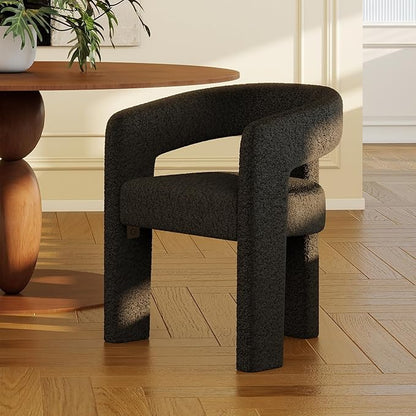Modern Sherpa Barrel Dining Chair Upholstered Faux Fur Dining Room Chair with Arm Comfy Accent Side Chair for Kitchen/Living Room/Reception, Black