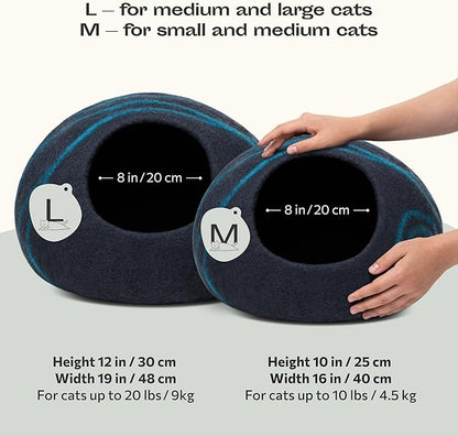 MEOWFIA Cat Cave – Premium Felt Cat Bed for Indoor Cats, Handmade 100% Merino Wool (Medium, Black Aqua)