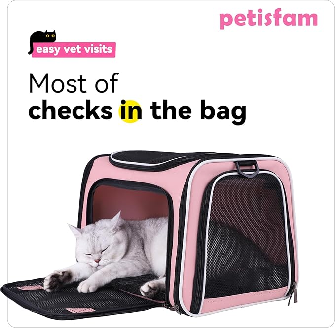 petisfam Soft Pet Carrier for Medium Cats and Small Dogs with Cozy Bed, 3 Doors, Top Entrance | Airline Approved, Escape-Proof, Breathable, Leak-Proof, Easy Storage (Pink)