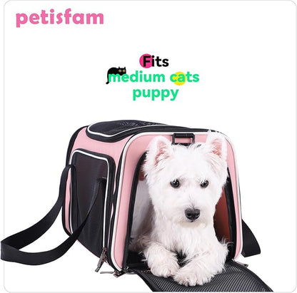petisfam Soft Pet Carrier for Medium Cats and Small Dogs with Cozy Bed, 3 Doors, Top Entrance | Airline Approved, Escape-Proof, Breathable, Leak-Proof, Easy Storage (Pink)