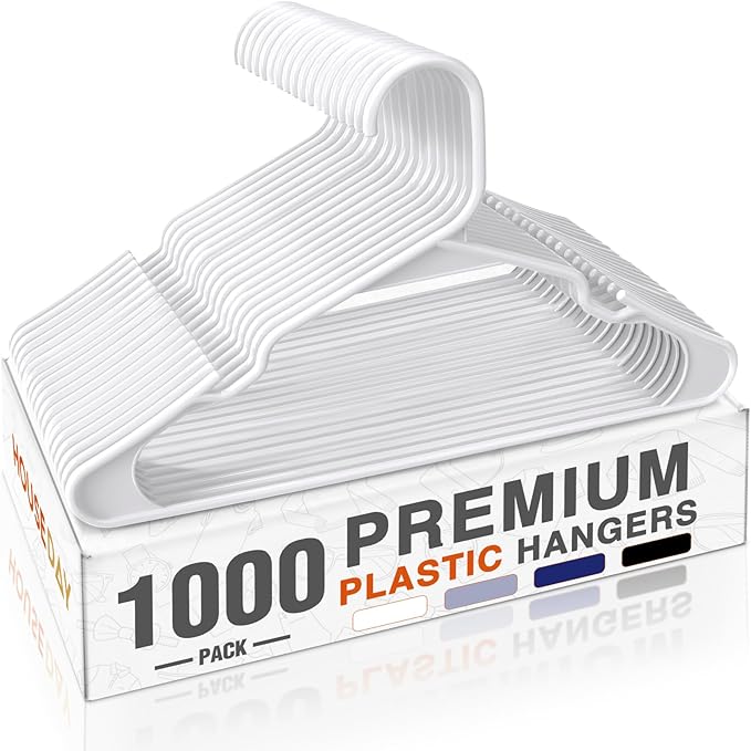 HOUSE DAY 1000 Pack Plastic Clothes Hangers, Commercial Bulk Shipment for Business, Sturdy Durable Notched Hangers Ideal for Retail Dry Cleaners Warehouses, Save Cost & Warehouse Space - White