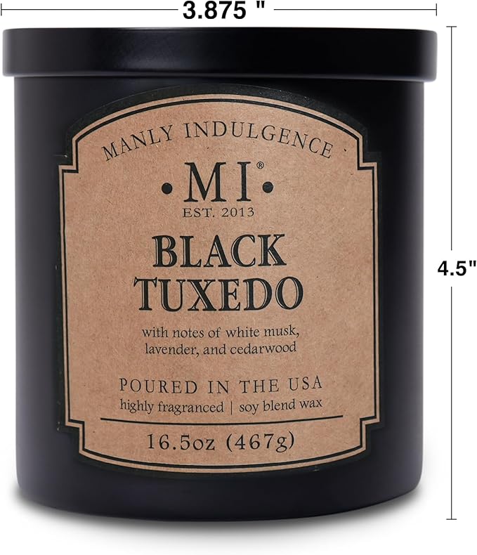 Manly Indulgence Black Tuxedo Candles for Men, 2 Wick, 16.5 oz, Premium Soy Blend Wax, 60H Burn, Candles for Home Scented - Made in The USA