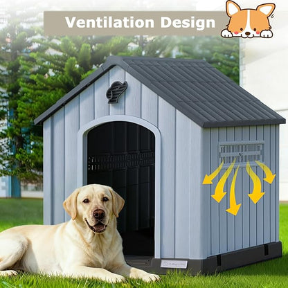 PUKAMI Large Dog House Outdoor Indoor, Plastic Dog House Weatherproof for Large Dogs, Study Puppy Shelter with Air Vents and Elevated Floor, Easy Clean and Assemble (Grey, 31.5"D x 33.5"W x 33.9"H)
