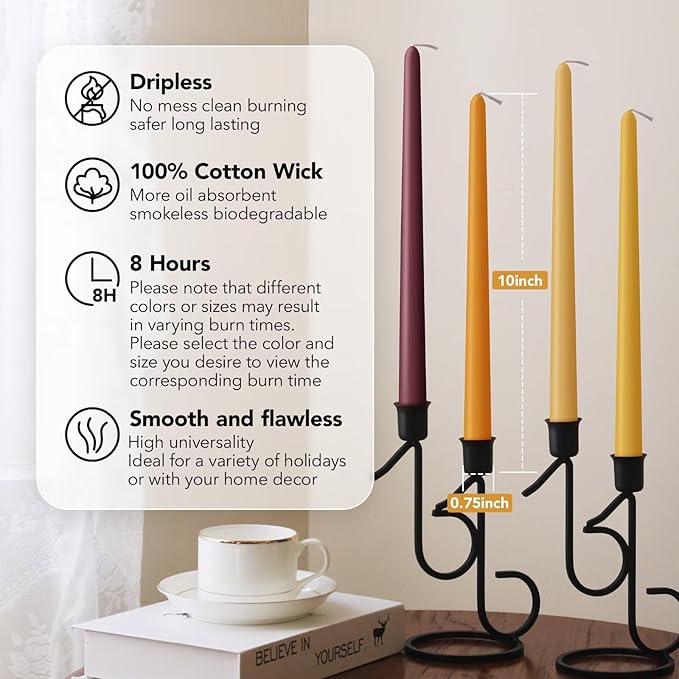 New Burning Formula Unscented Dripless 10-Inch Taper Candles Set of 12 - Cocoa Brown, for Wedding, Dinner - Smokeless, Long Burning - Hand Poured, Colored Tall Candlesticks - Marrón Cacao