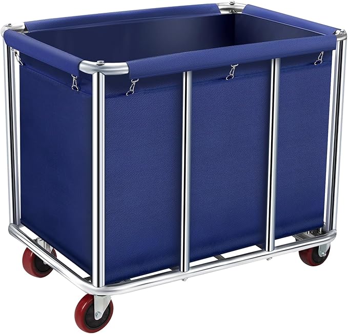 Commercial Laundry Cart with Wheels, 11.35 Bushel Large Laundry Tumbler with Removable Waterproof Canvas Lined Basket, Heavy Duty Stainless Steel Laundry Basket for Hotels and Hospitals