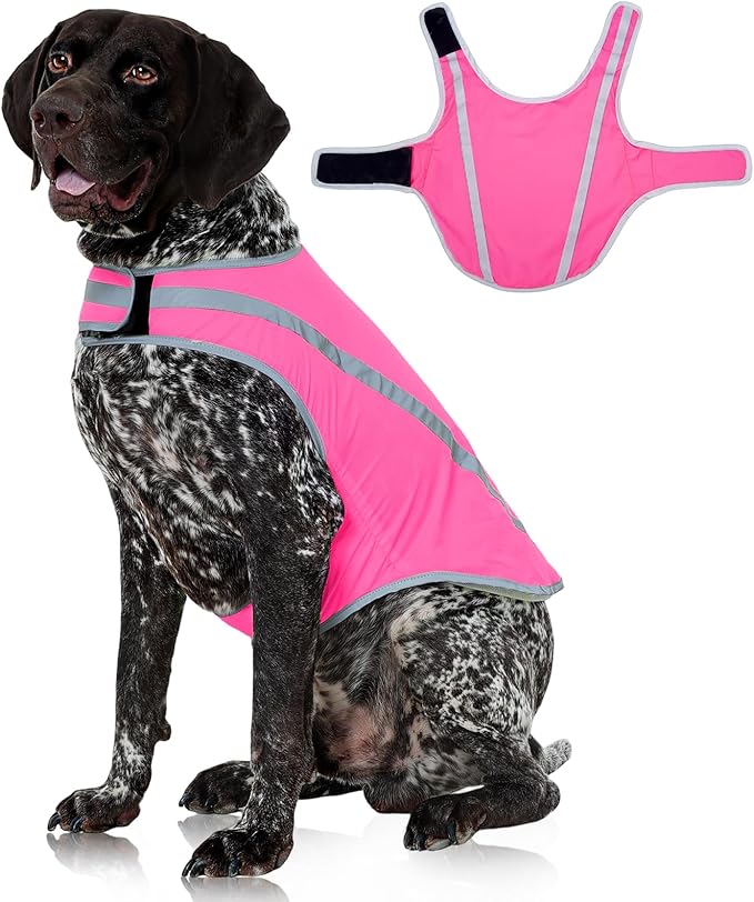 FUAMEY Dog Reflective Vest for Large Dogs,Dog Hunting Vest High-Visibility Dogs Safety Vest for Night Walking Water-Resistant Service Pet Gear Adjustable Outdoor Activities Pink XL