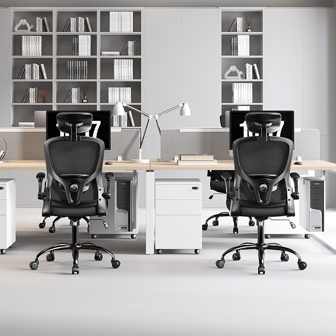 Ergonomic Office Chair - Adjustable Lumbar Support and Headrest, High Back Desk Chair with Flip-Up Arms for Home Office, 90-120° Tilt & Swivel Rolling Task Chair (Black)