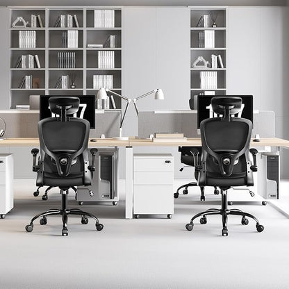 Ergonomic Office Chair - Adjustable Lumbar Support and Headrest, High Back Desk Chair with Flip-Up Arms for Home Office, 90-120° Tilt & Swivel Rolling Task Chair (Black)
