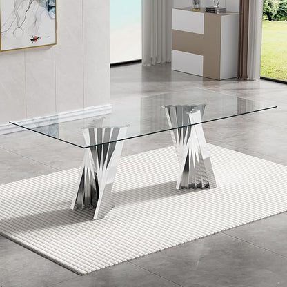 Goujxcy Modern 5 Piece Glass Dining Table Set Luxury Glass Kitchen Table and Chair Set for 4, 70" Large Rectangular Dining Room Table with 4 Tufted Chairs and Stainless Steel Legs (Silver & Blue)