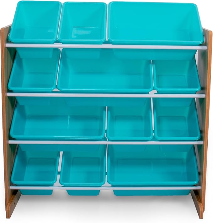 Humble Crew Kids Toy Storage Organizer with 12 Plastic Bins, Natural Wood/Aqua – Removable Bins for Playroom, Bedroom, Toddler Furniture for Boys and Girls Ages