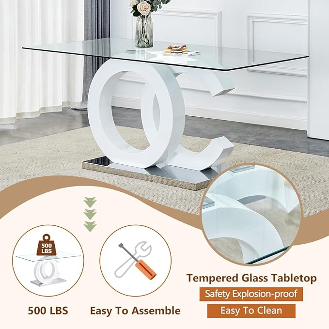 63'' Glass Dining Table Set for 4, Kitchen Table Chairs Set of 4, Clear Glass Dining Table with White unique design Leg and Silver Metal Base, 4 PU Dining Chairs with Metal Legs, Living Room, Kitchen.