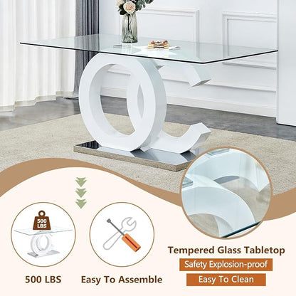 63'' Glass Dining Table Set for 4, Kitchen Table Chairs Set of 4, Clear Glass Dining Table with White unique design Leg and Silver Metal Base, 4 PU Dining Chairs with Metal Legs, Living Room, Kitchen.