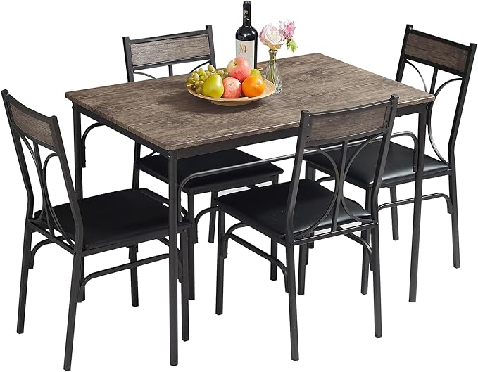 VECELO Dining Table Set for 4, Kitchen Table Set with 4 Chairs for Small Space, Space-Saving and Modern Design, Apartment, Easy to Assemble,Classic Brown