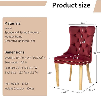 Luxury Upholstered Dining Chairs Set of 4, Red Kitchen Chair with Golden Metal Legs, Velvet Tufted Back Dining Chair, Sillas de Comedor, Modern Kitchen & Dining Room Chairs (Burgundyy, 4 Pcs)