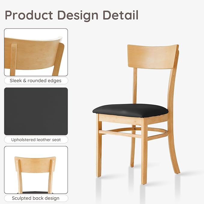 Livinia Mint Dining Chair Set of 2, Solid Malaysian Oak PU Leather Upholstered Cushion Seat, Straight Back Side Chairs (Natural)