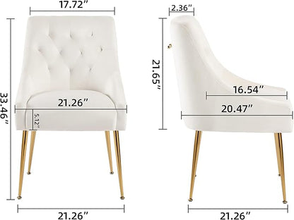 Modern Dining Chairs Set of 2, Mid Century Chairs with 5.12” Cushions and Golden Legs, Velvet Upholstered Dining Chairs with Back Pull Rod, for Kitchen, Living Room (Beige)