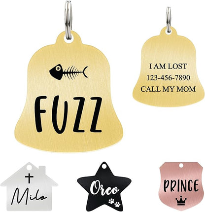 Ultra Joys Cat ID Tag Personalized Pet Tags, Durable Stainless Steel Small Pet Mini Dog Cat Tag Lightweight - Bell Tag in Gold