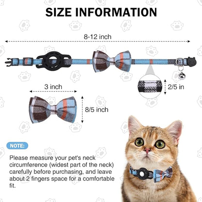 Airtag Cat Collar with Bells, Kitten Collar Breakaway for Girl Boy Cats, Safety Cat Collars with Bow Tie, Cat Collar Airtag Holder for Small Dogs Pets, 1 Pack Adjustable Plaid Design, Blue