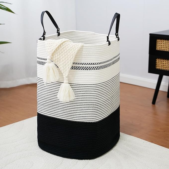 danpinera 100L Nursery Hamper, Tall Woven Laundry Basket with Long Leather Handles, Boho Laundry Hamper for Living Room & Bedroom, Eco-friendly & Convenient Decorative Storage Basket, White & Black