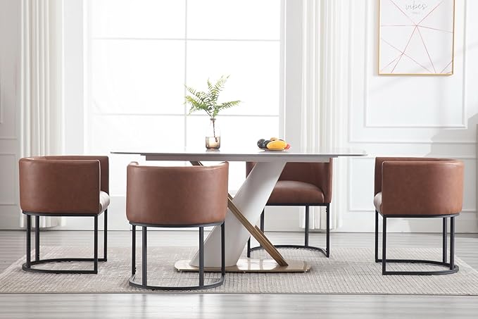 Faux Leather Dining Chairs Set of 3 Modern Barrel Arm Chairs with Black Metal Frame, Upholstered Kitchen Chairs 18.5" Wide Accent Chairs for Living Room Dining Room Restaurant, Brown