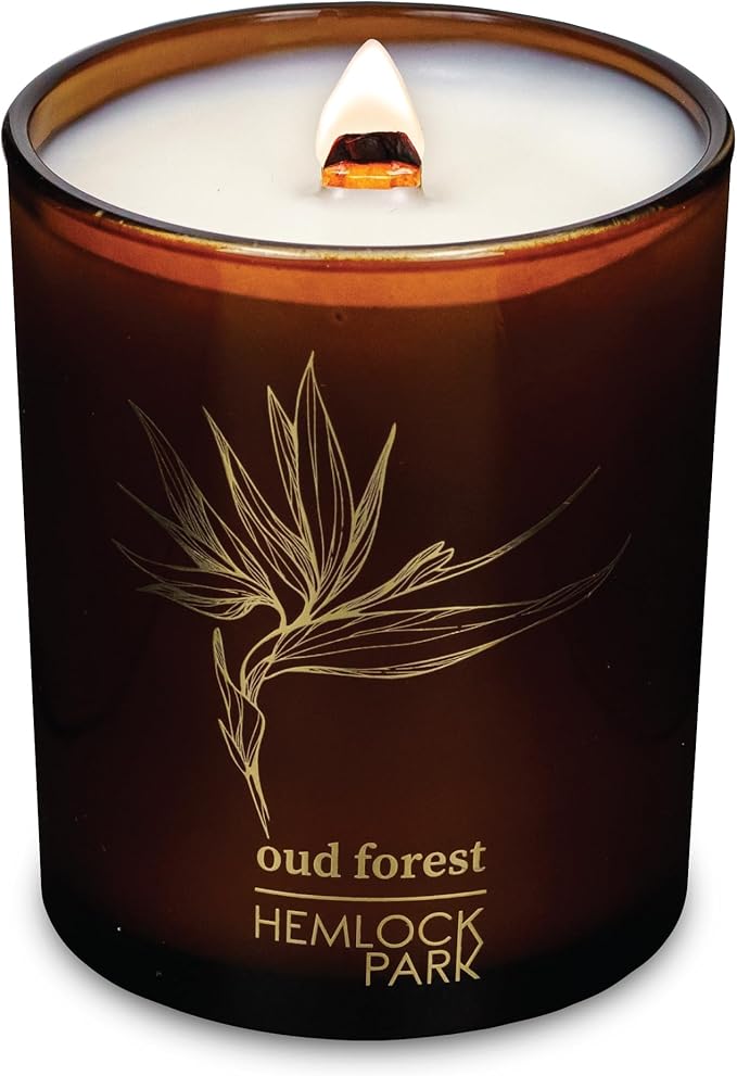Hemlock Park Amber & Gold Wood Wick Candle Handcrafted with Natural Coconut Wax (Standard 7.2 oz, Oud Forest)