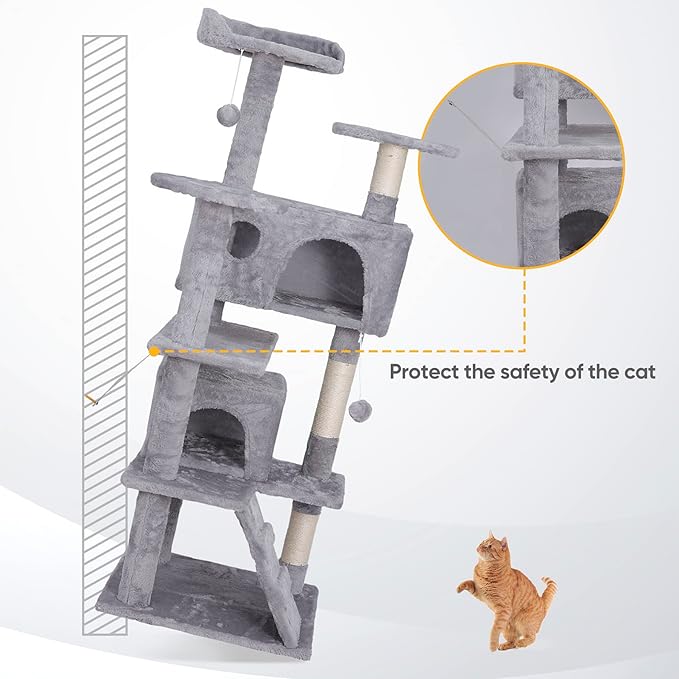 ZENY 54 inches Cat Tree with Sisal-Covered Scratching Posts and 2 Plush Rooms Cat Furniture for Kittens (Light Gray)