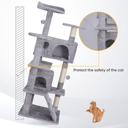 ZENY 54 inches Cat Tree with Sisal-Covered Scratching Posts and 2 Plush Rooms Cat Furniture for Kittens (Light Gray)