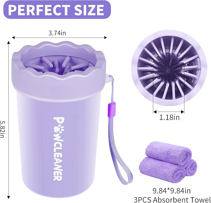 Professional 7 in 1 Dog Paw Cleaner for Dogs & Cats - Includes 1 Portable Paw Washer, 1 Bath Brush, 2 Dog Toothbrushes and 3 Absorbent Towels Note: Fits Paws 1.5 to 2.5 Inches Wide (Medium, Purple)