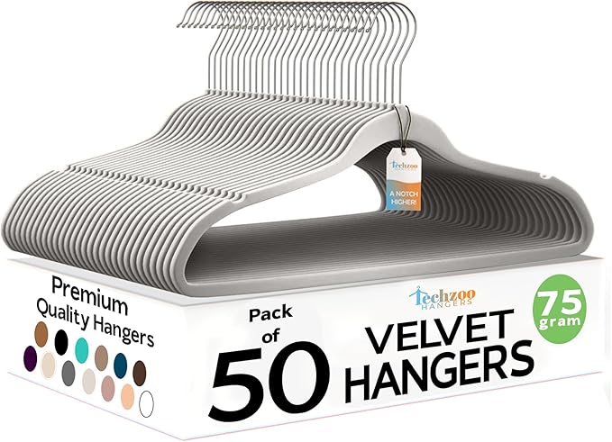 Premium Velvet Hangers 50 Pack Ultra Thin Non Slip Adult Felt Space Saving Suit Hanger for Closet Heavy Duty Coat Pants Jackets Dress Hangers 360° Swivel Hook Hold Upto 10 lbs Silver Birch