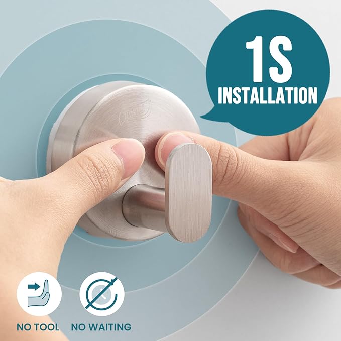 TAILI Stylish 304 Stainless Steel Bathroom Suction Hooks for Towel, Bathrobe, Loofah, No Damage Hanging Glass Shower Wall Hook, Patented Strong Suction Cup Holder, Hold Up to 11 Lbs, I-Cylinder Silver